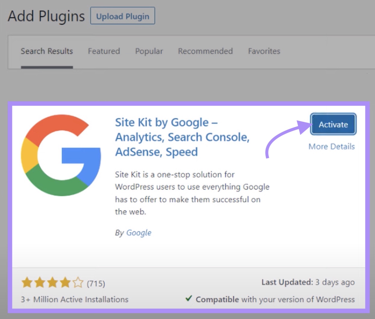 Activate the Site Kit plugin