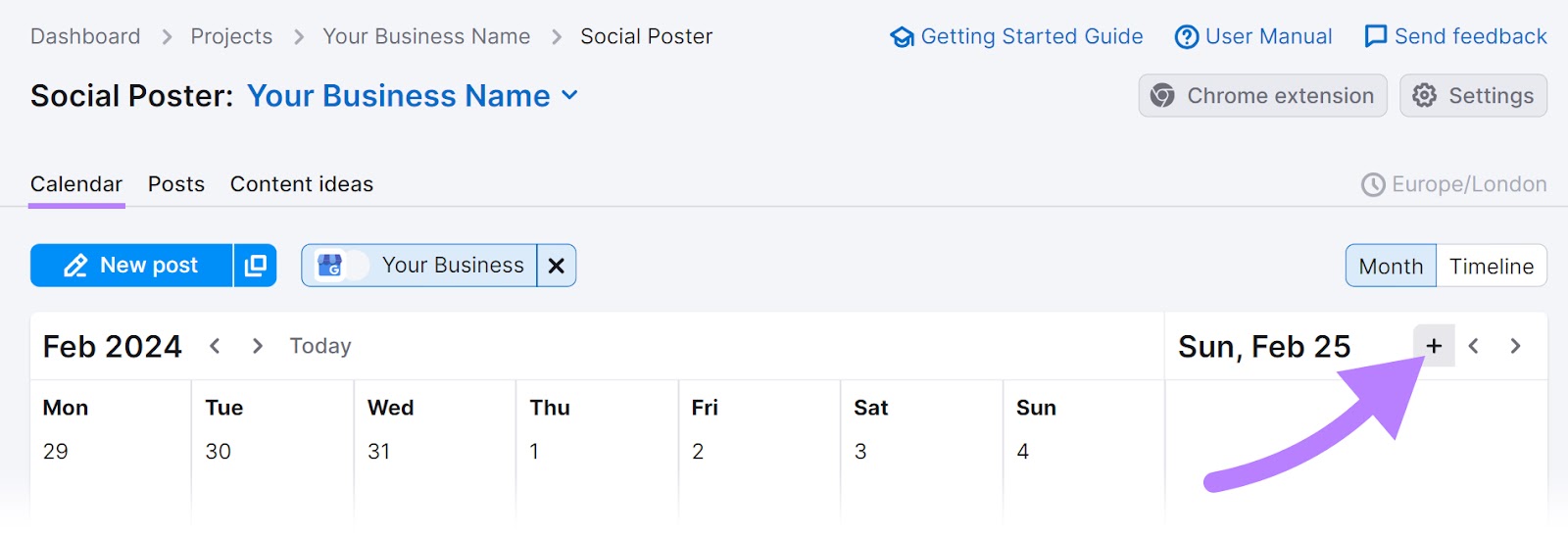 “Calendar” tab in Social Poster