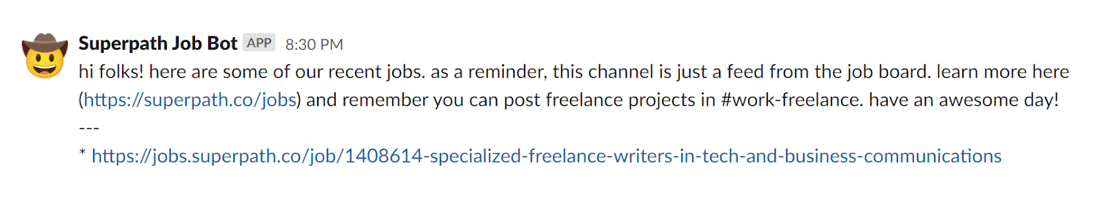 A notification from Superpath Job Bot in Superpath’s #job-listings channel