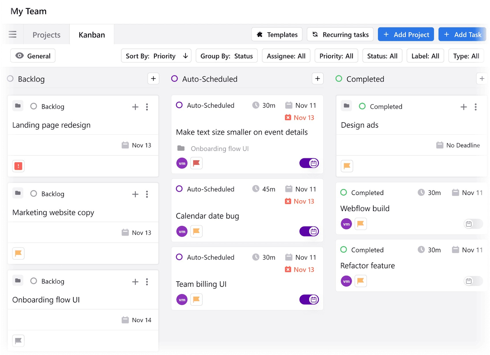 Motion's My Team kanban board