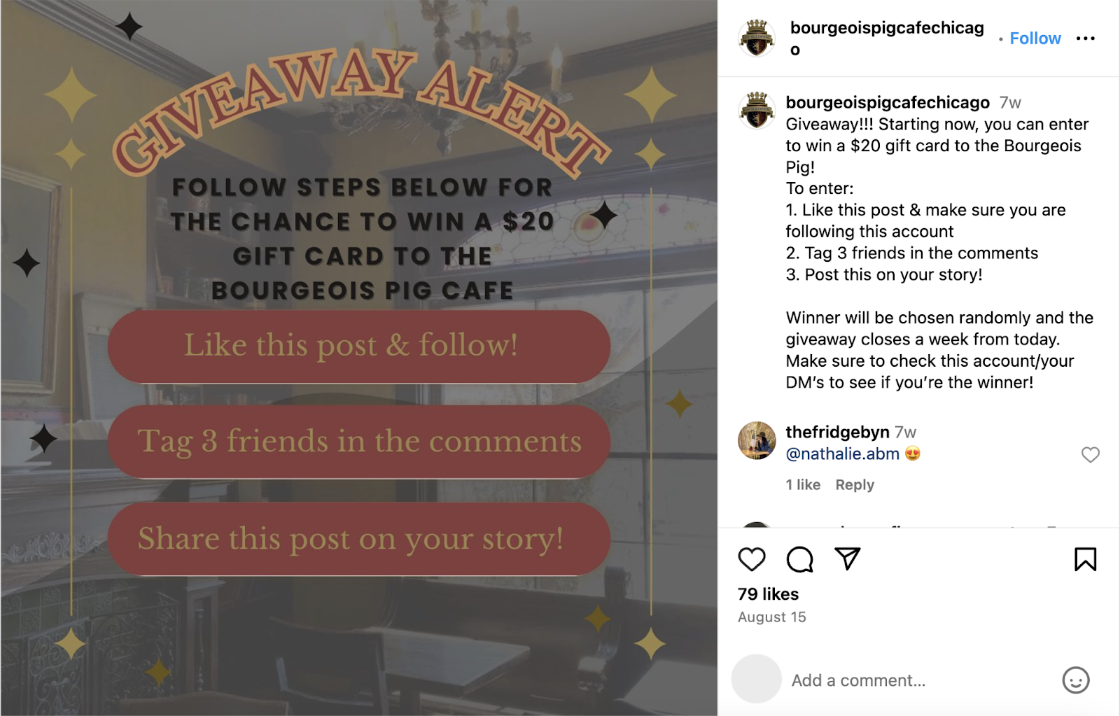 Instagram post for a giveaway and the rules for entry