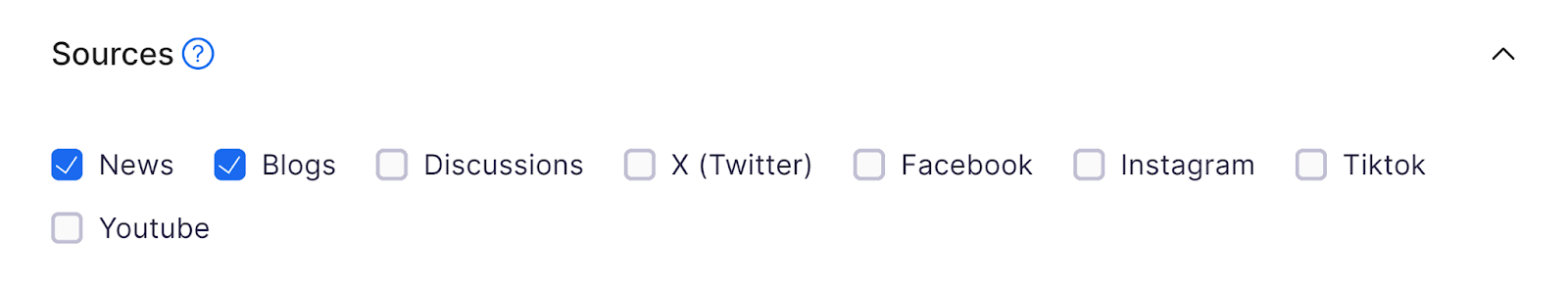 Sources selection showing 'News ' and 'Blogs' checked