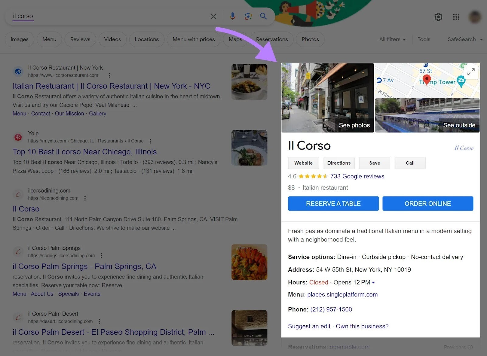 Google Business Profile for "II Corso"