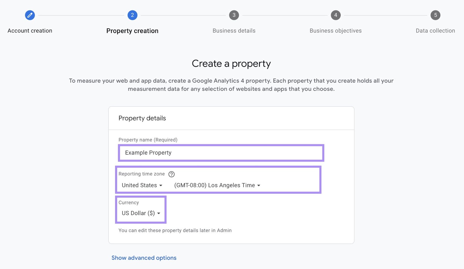 "Create a property" window in GA4