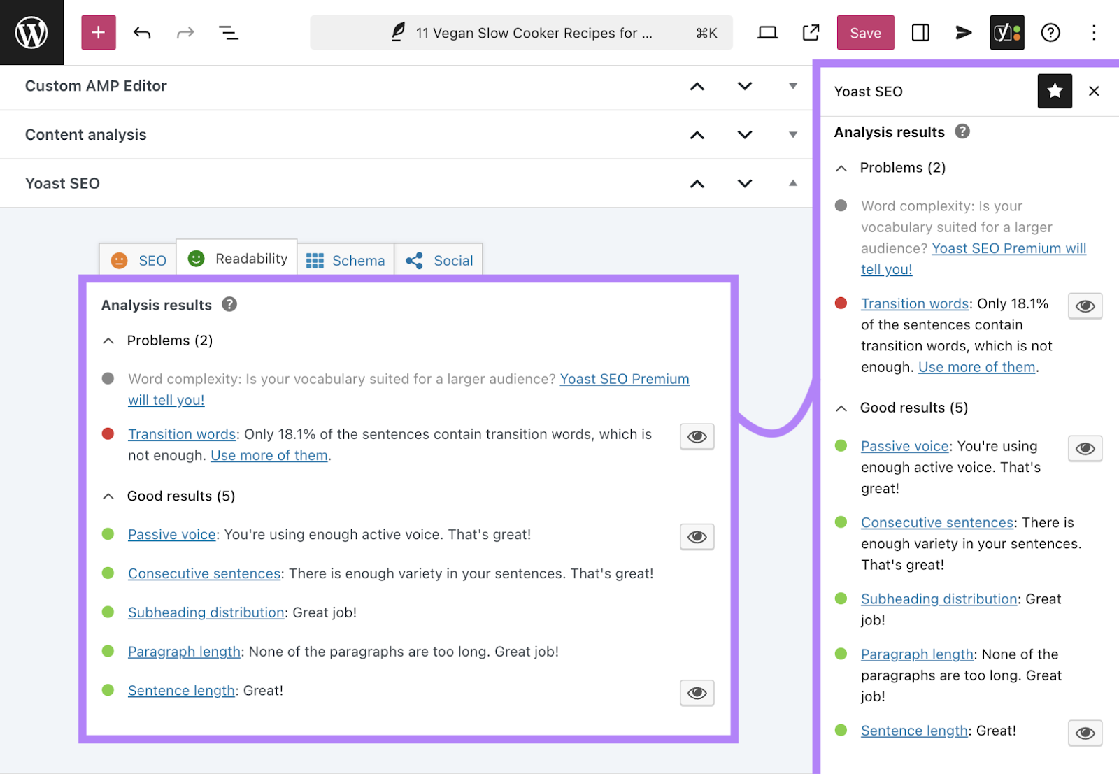 Yoast's readability analysis results in sidebar and below draft