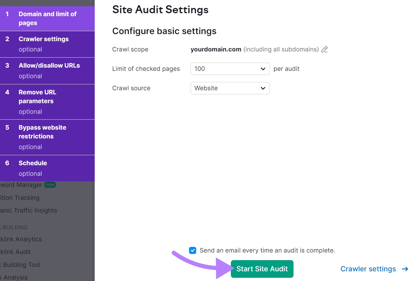 “Start Site Audit" button highlighted