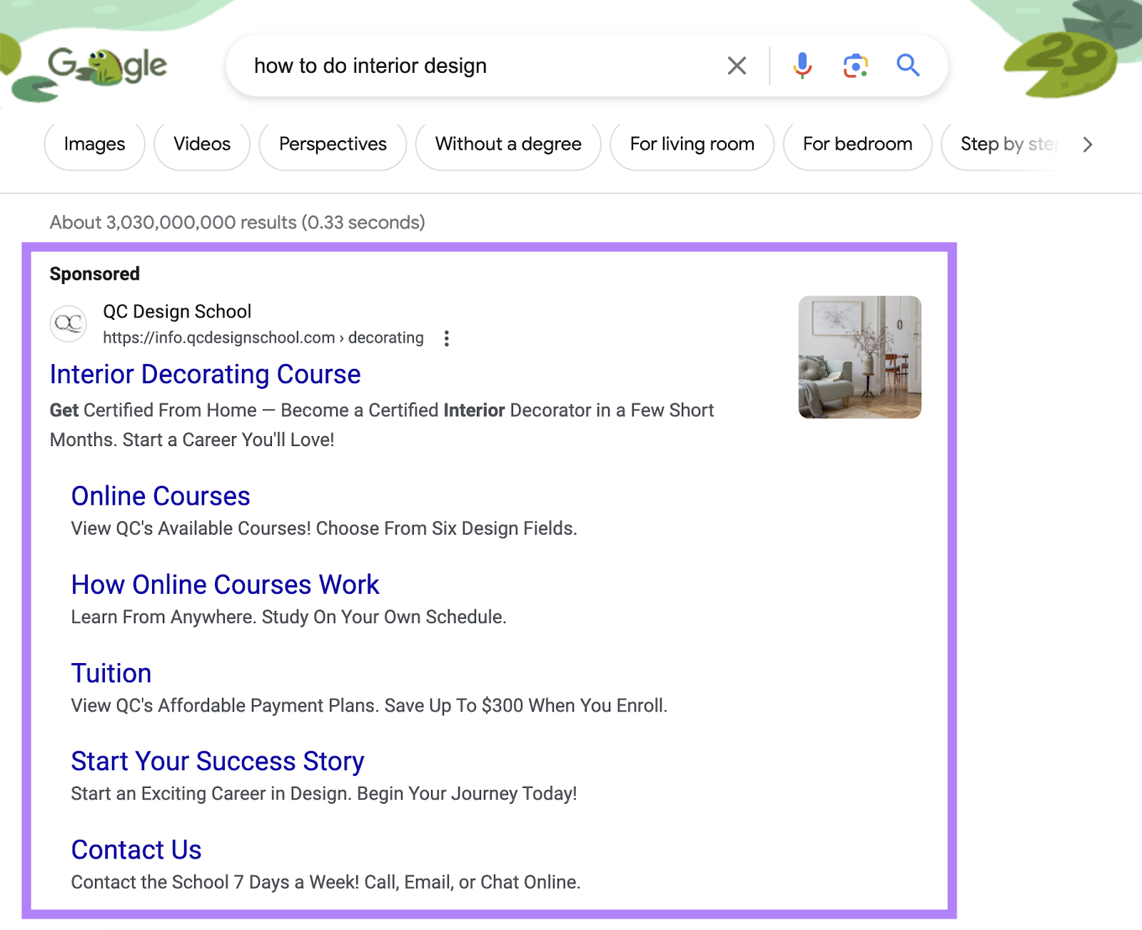 PPC ad from QC Design School on Google SERP