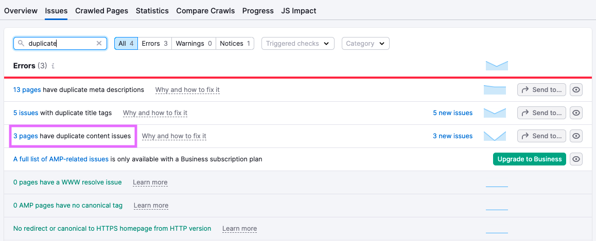 "3 pages have duplicate content issues" result highlighted under the "Issues" tab in Site Audit