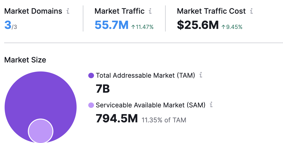 Semrush market explorer report showing market size charts.