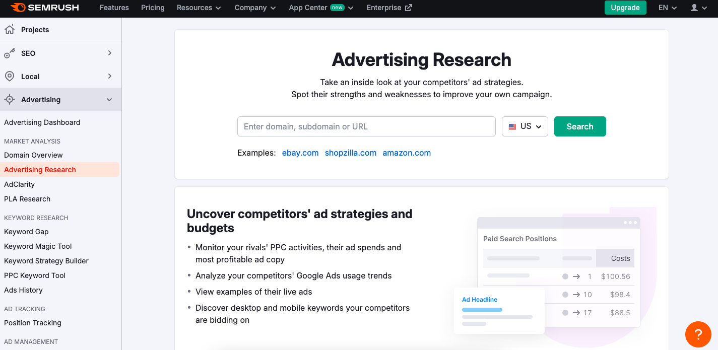 Semrush's Advertising research tool