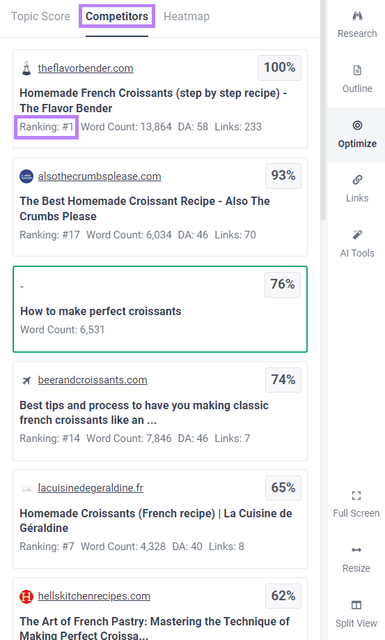 "Competitors" and "Ranking" tabs highlighted in Frase editor