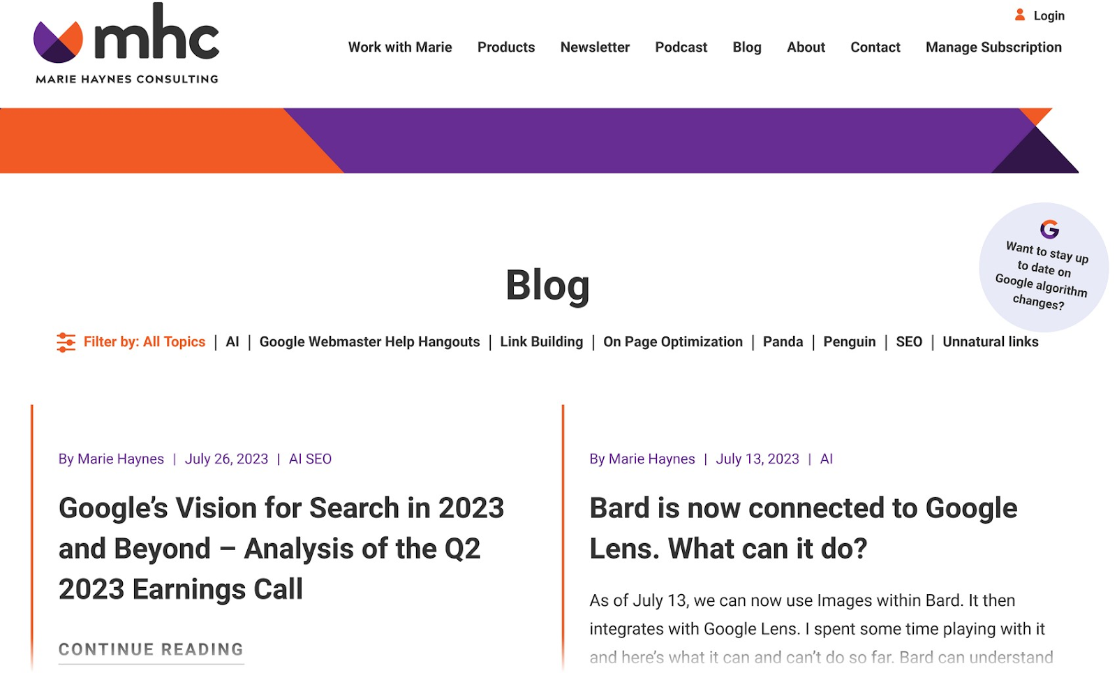 SEO Blog by Marie Haynes Consulting homepage