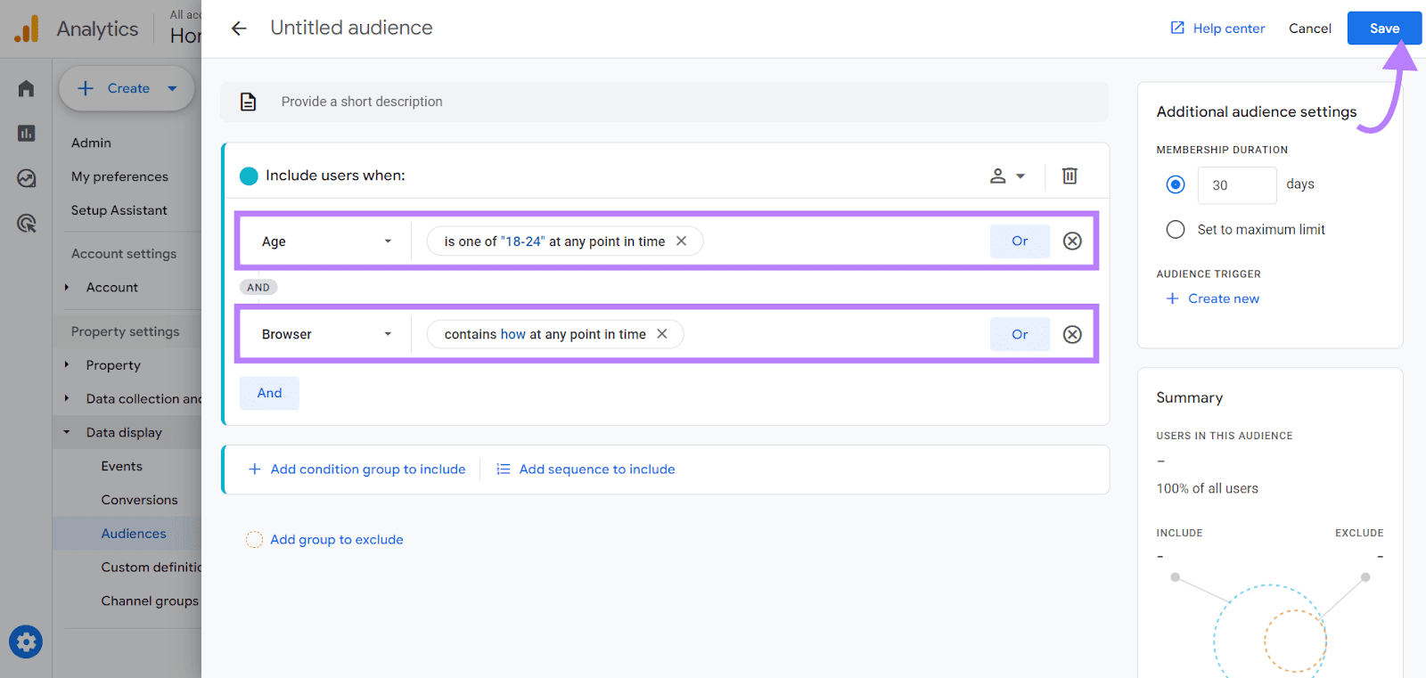 Choosing users between “18-24” whose browser search queries contain “how” at any time