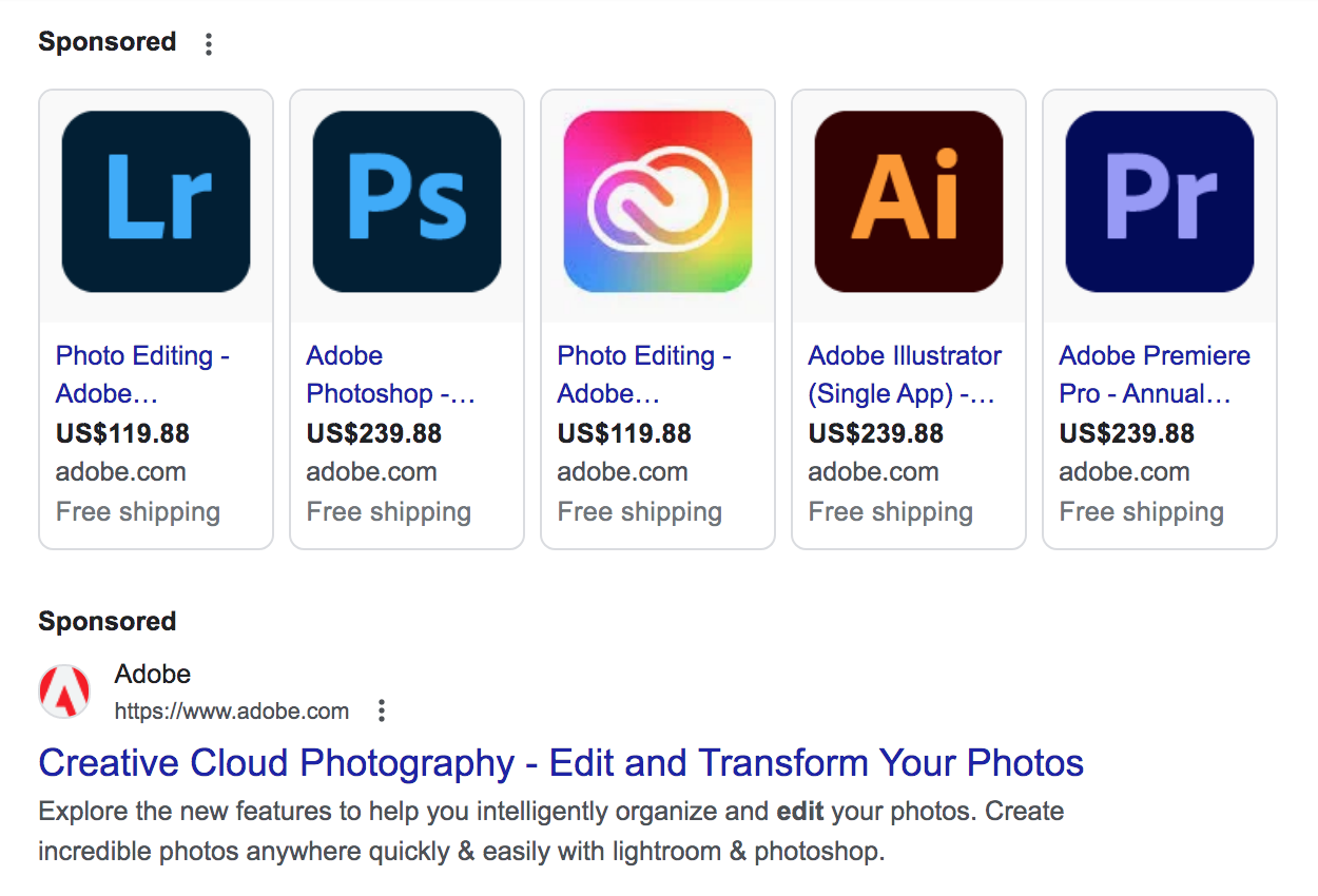 Google search result for the keyword "photo editing software" showing a sponsered Adobe ad.