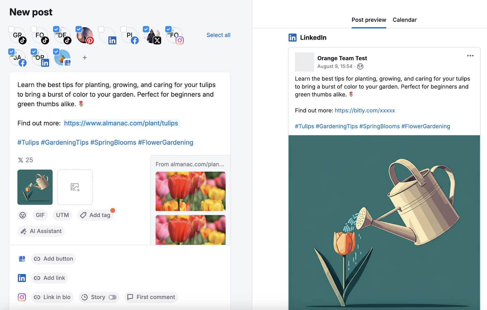 new post created in semrush social poster has profiles to post to, text, links, hashtags, AI image creation, and post preview