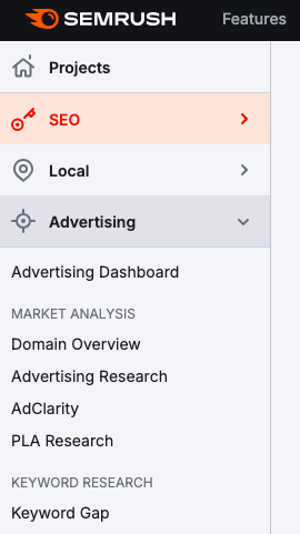 Semrush's advertising toolkit menu