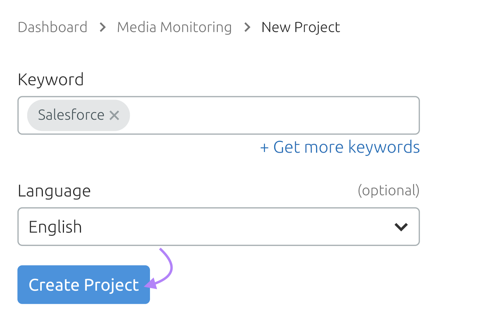 Setting up project for "Salesforce" keyword in Media Monitoring app