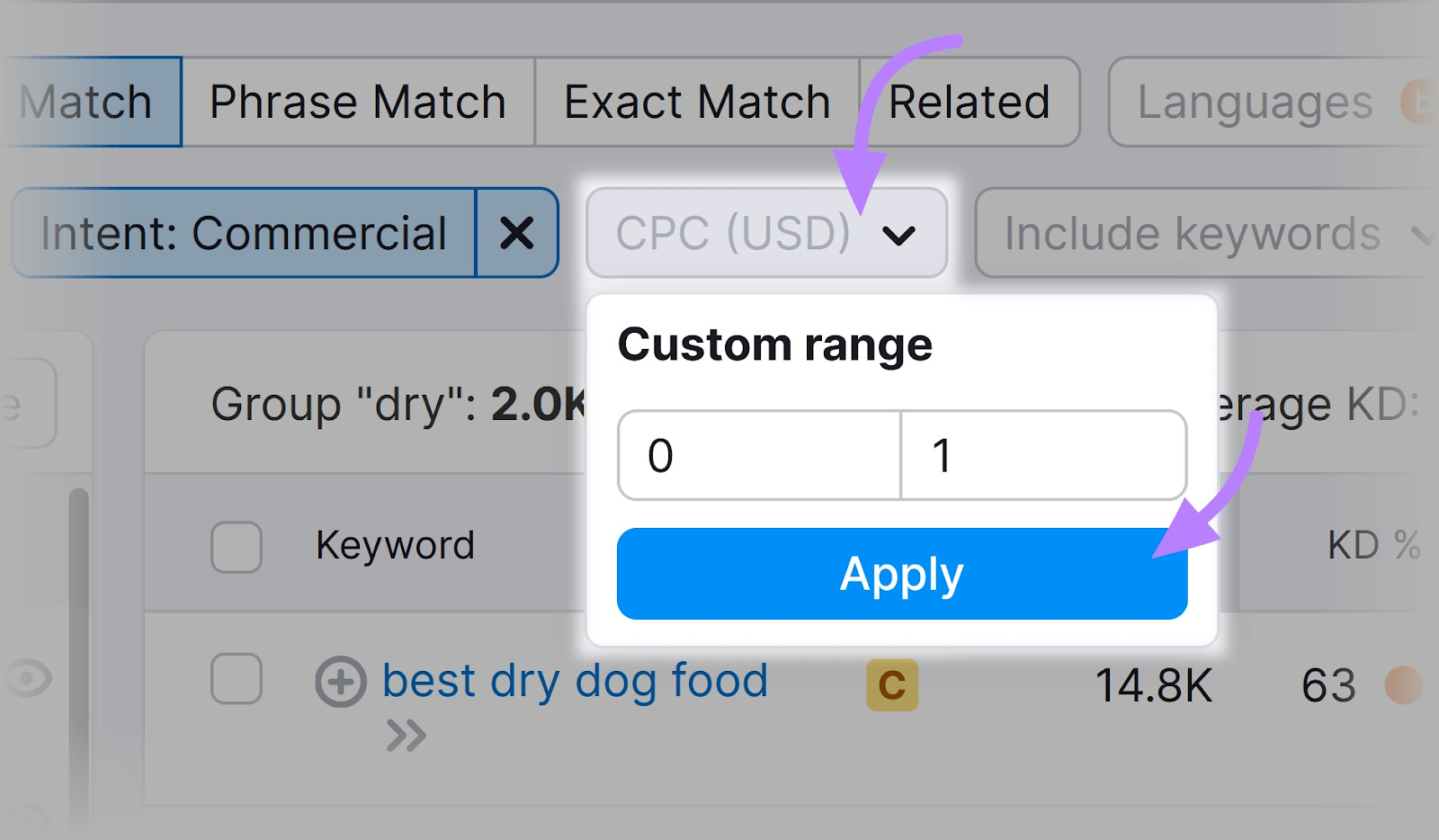 hoe to apply “CPC” (USD)” filter in Keyword Magic tool