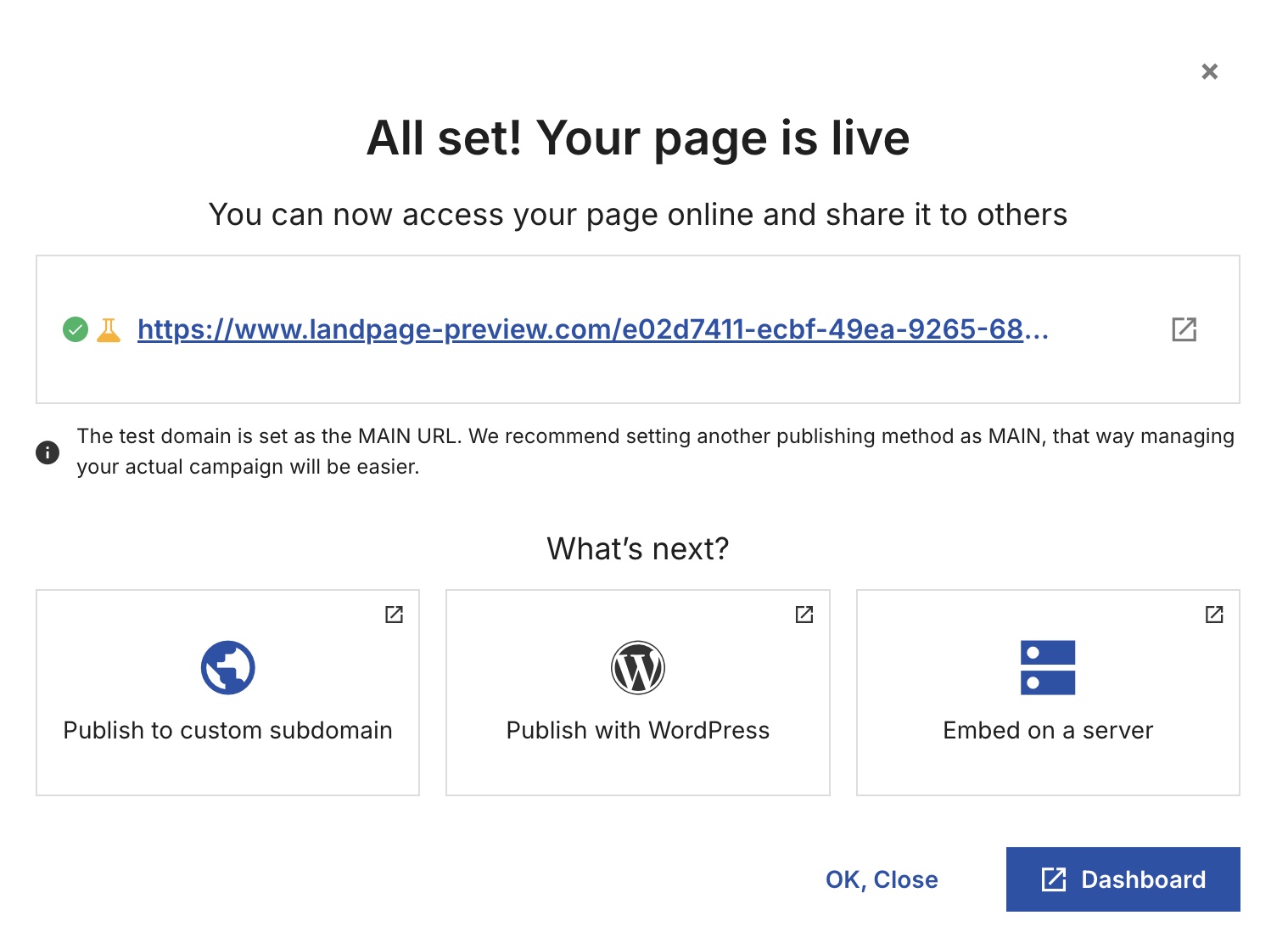 Message after publishing a new page on the Landing page builder with options to change the URL, publish with WordPress, embed on a server, etc.