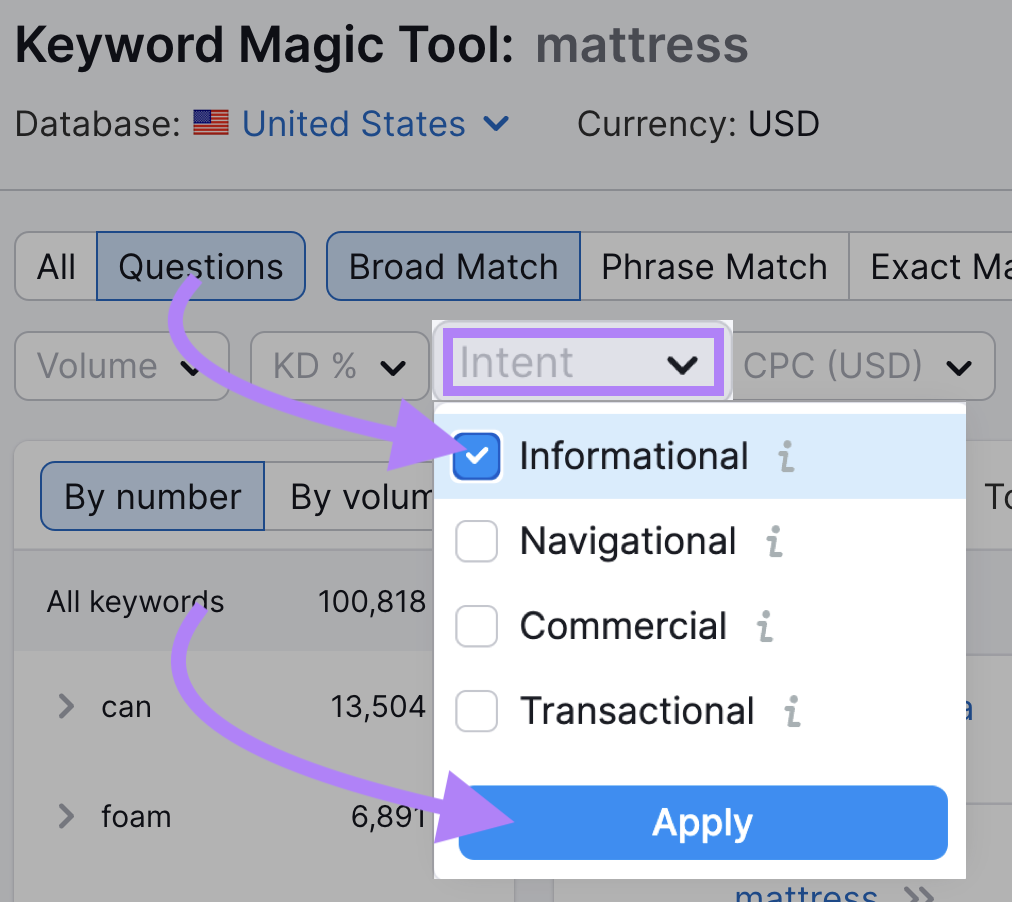 filter for “Informational” from the “Intent” dropdown in Keyword Magic Tool