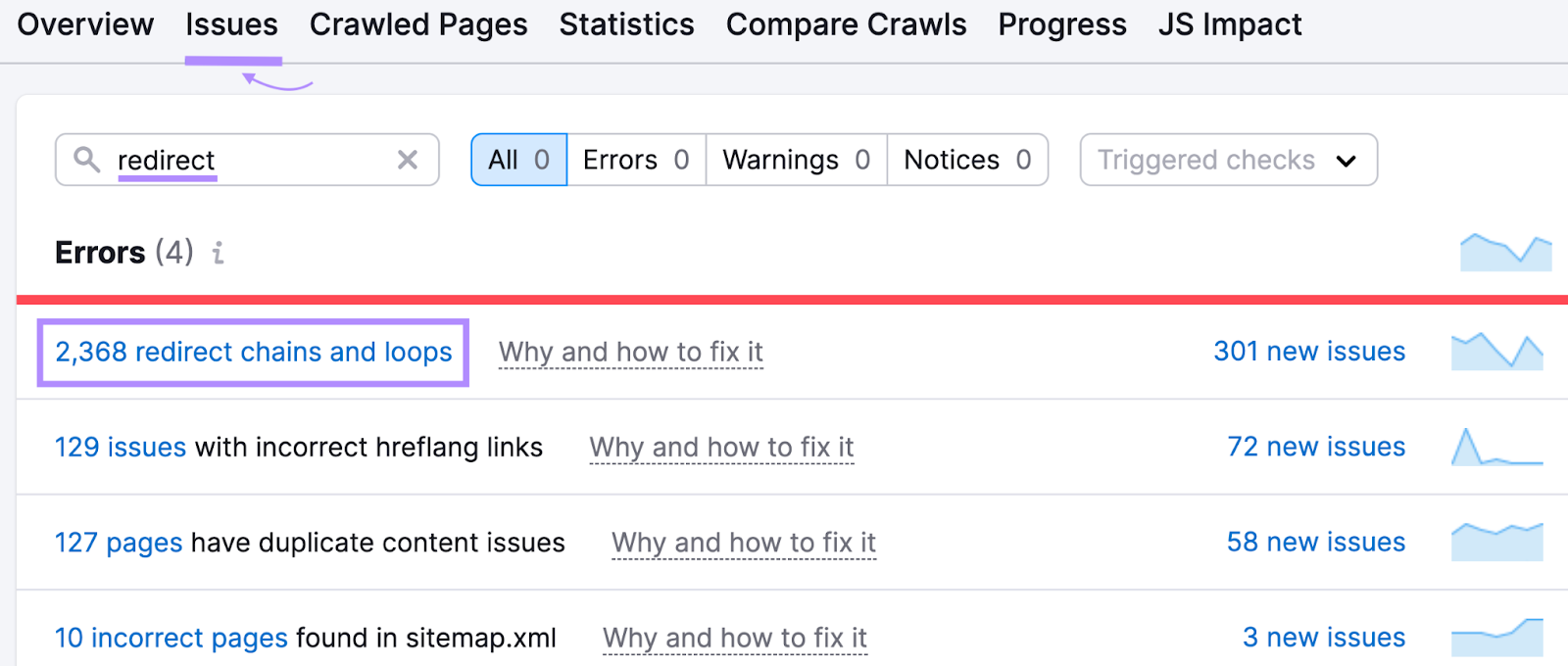 “redirect chains and loops" issues highlighted under "Issues" tab in Site Audit tool