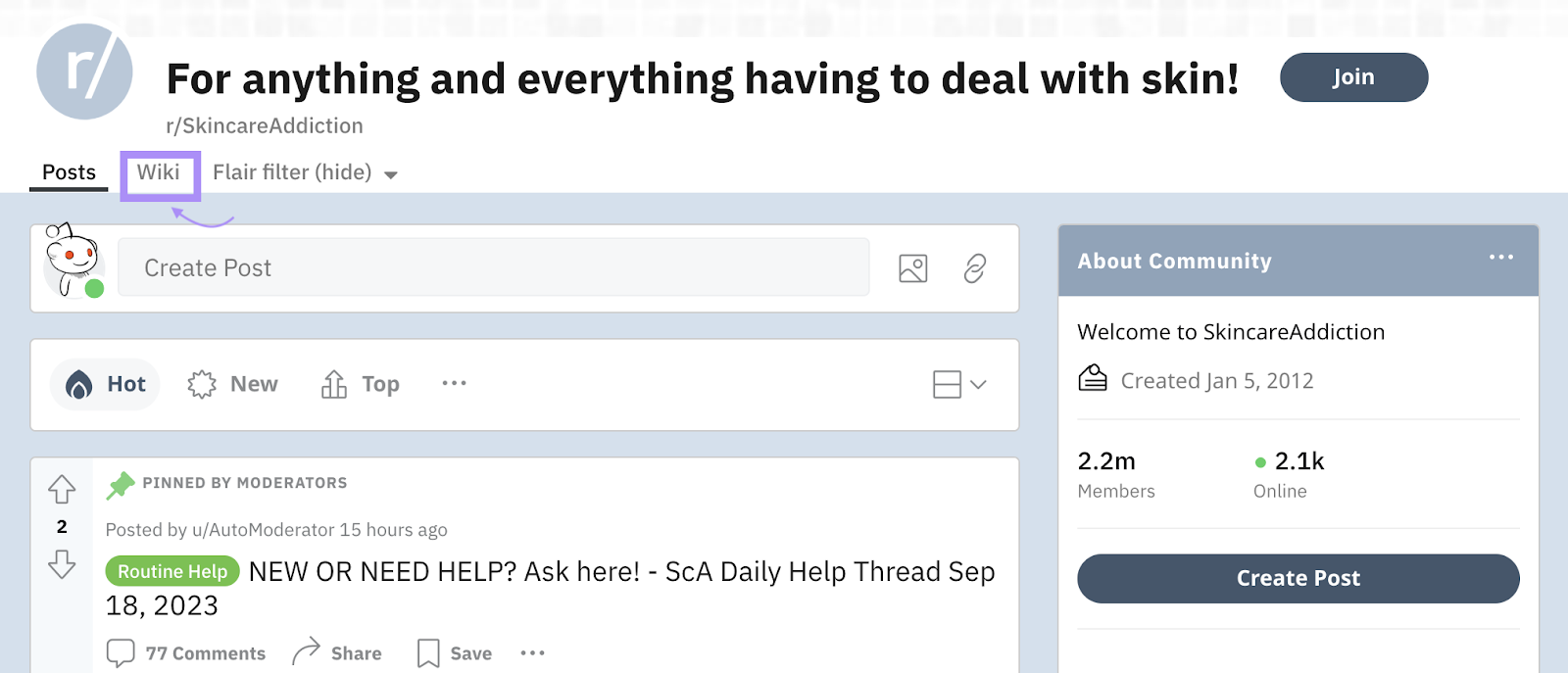 r/SkincareAddiction includes a wiki link (highlighted)