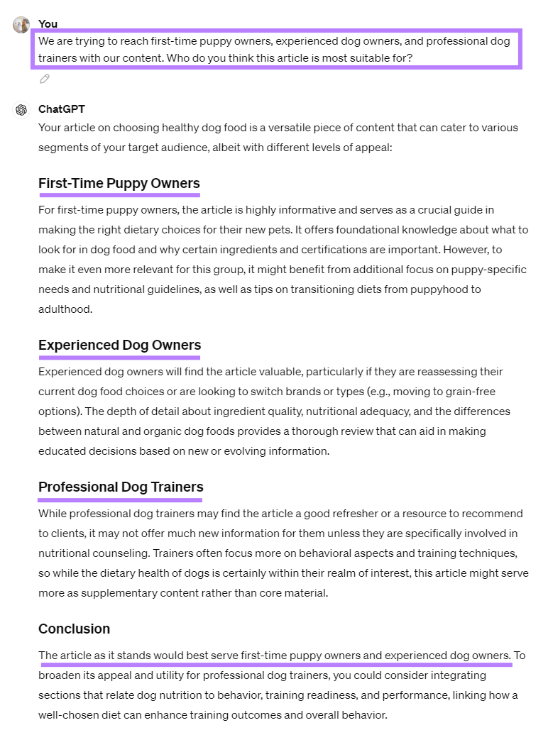 Chat GPT assessment of the ideal target audience for a healthy dog food article