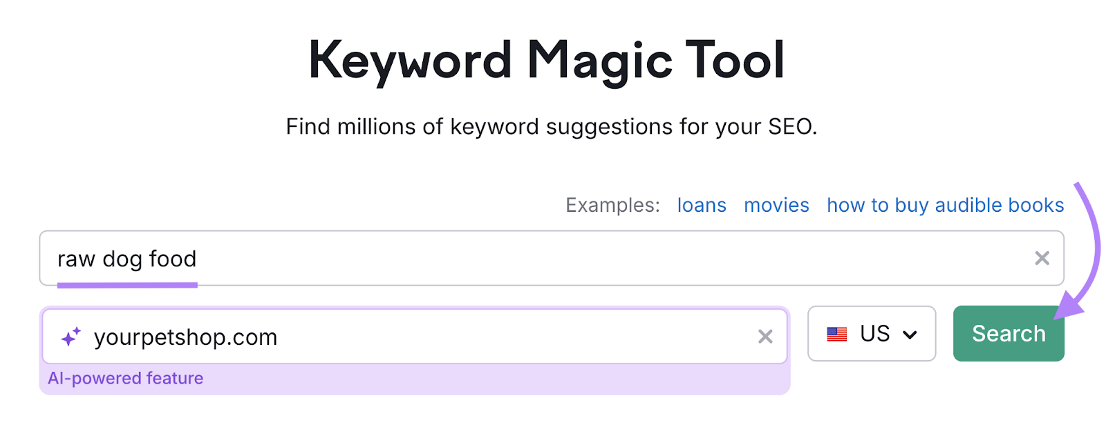 search for "raw dog food" in keyword magic tool