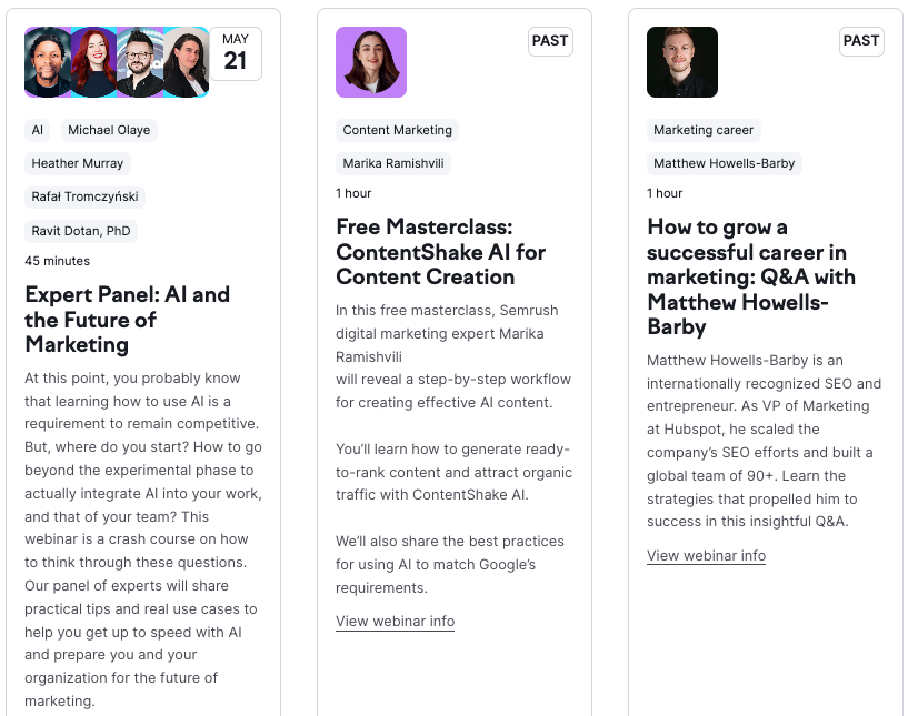Semrush webinar page showing webinars such as AI & the future of marketing, and a free masterclass on contentshake AI.