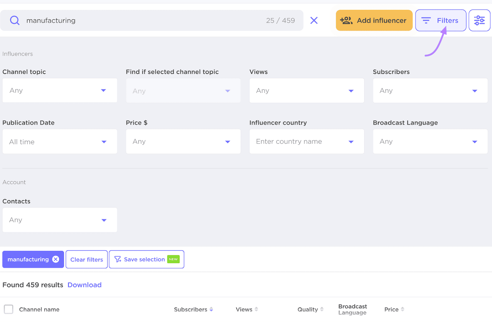 Influencer Analytics UI for filtering influencers with various filter options and top of a search result table.