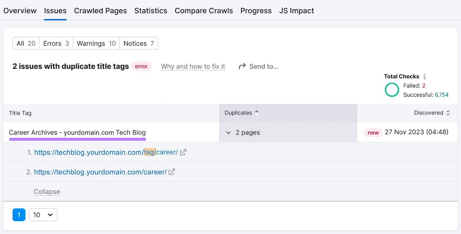 A list showing “2 issues with duplicate title tags”