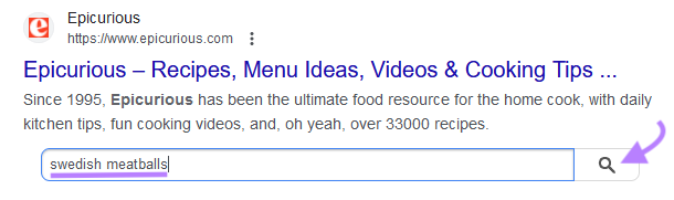 Sitelinks search box for Epicurious.com, showing “swedish meatballs” entered in the search bar.