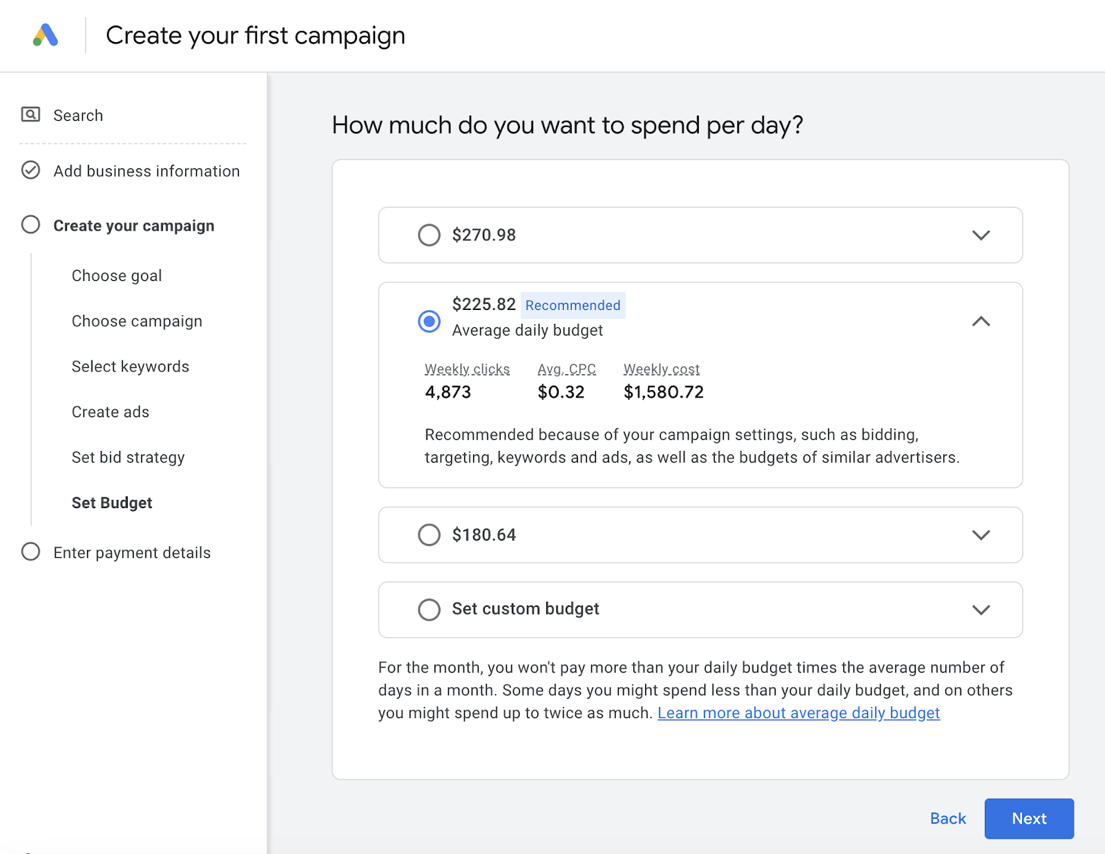 how much do you want to spend per day page shows amounts and recommended average daily budget