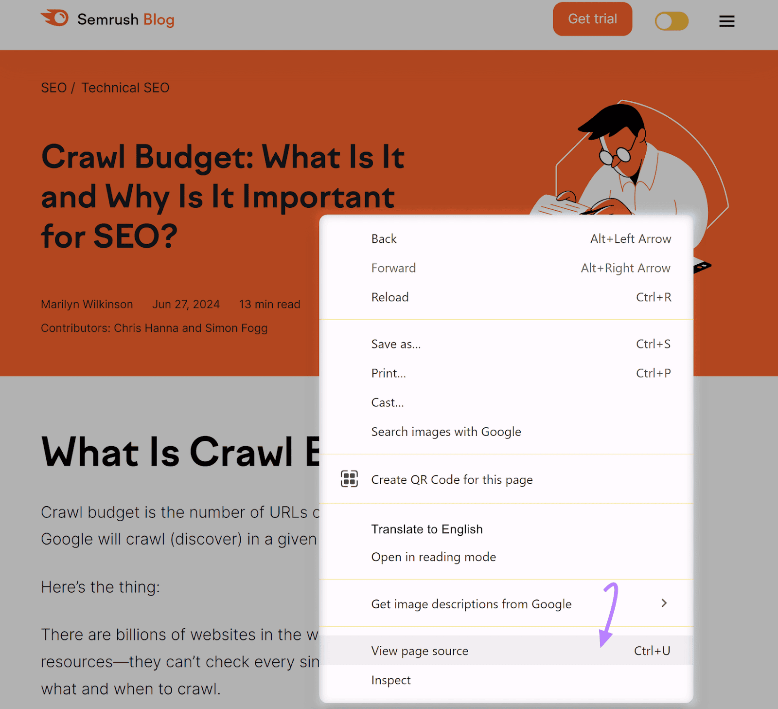 Semrush Blog article with the browser context menu in the foreground and a light purple arrow pointing to "View page source"