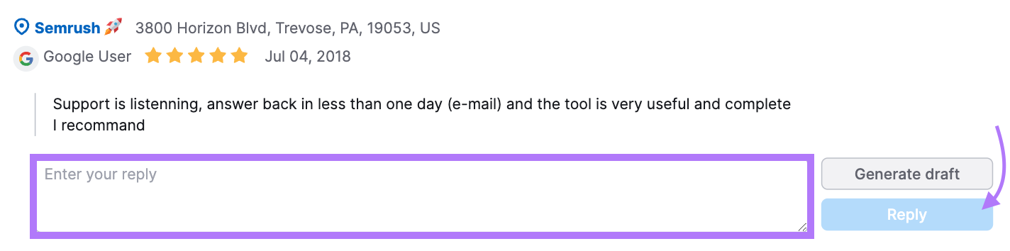 An example of Semrush review with "Enter your reply" box highlighted