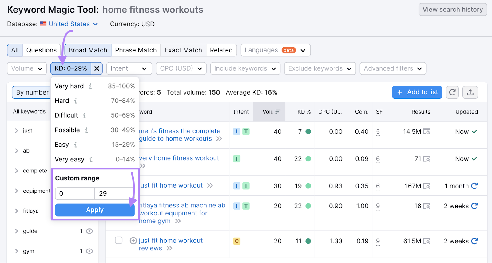 Keyword difficulty (KD) filter highlighted