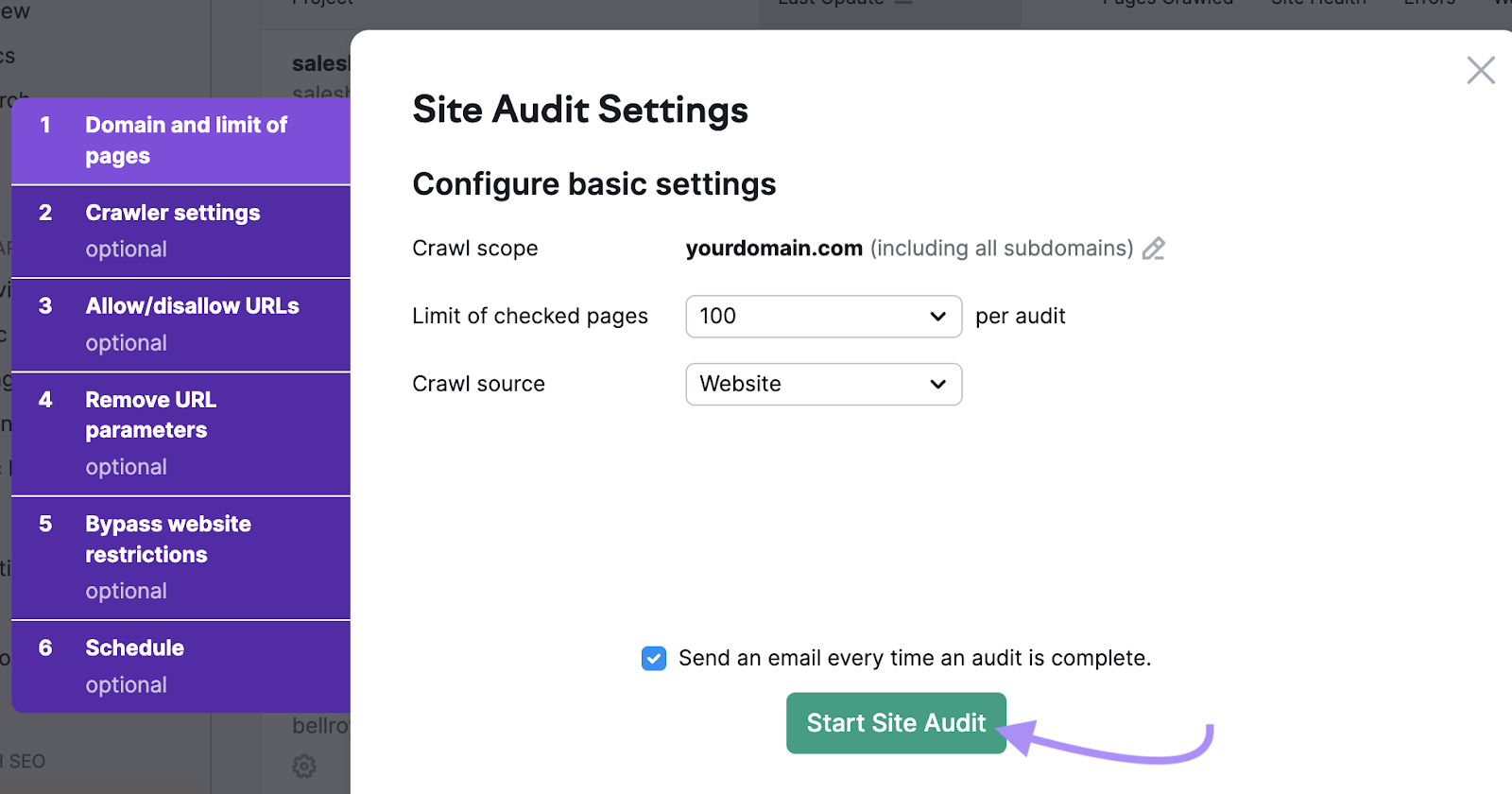 Site Audit Settings window