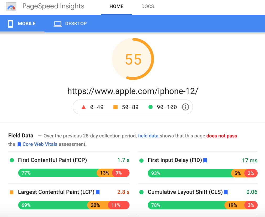 mobile apple iphone landing page speed insights