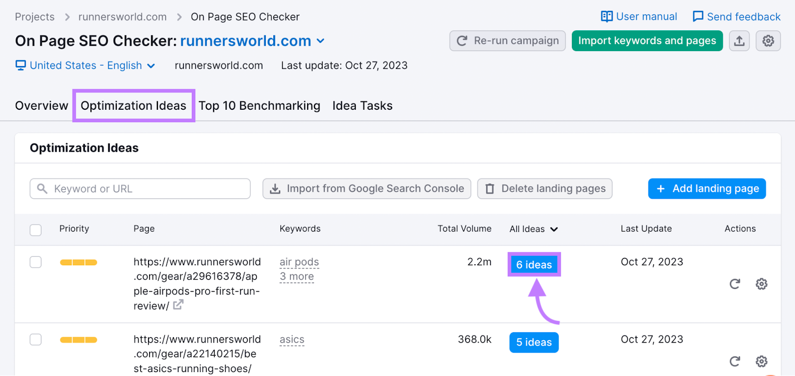 "Optimization Ideas" tab in On Page SEO Checker tool