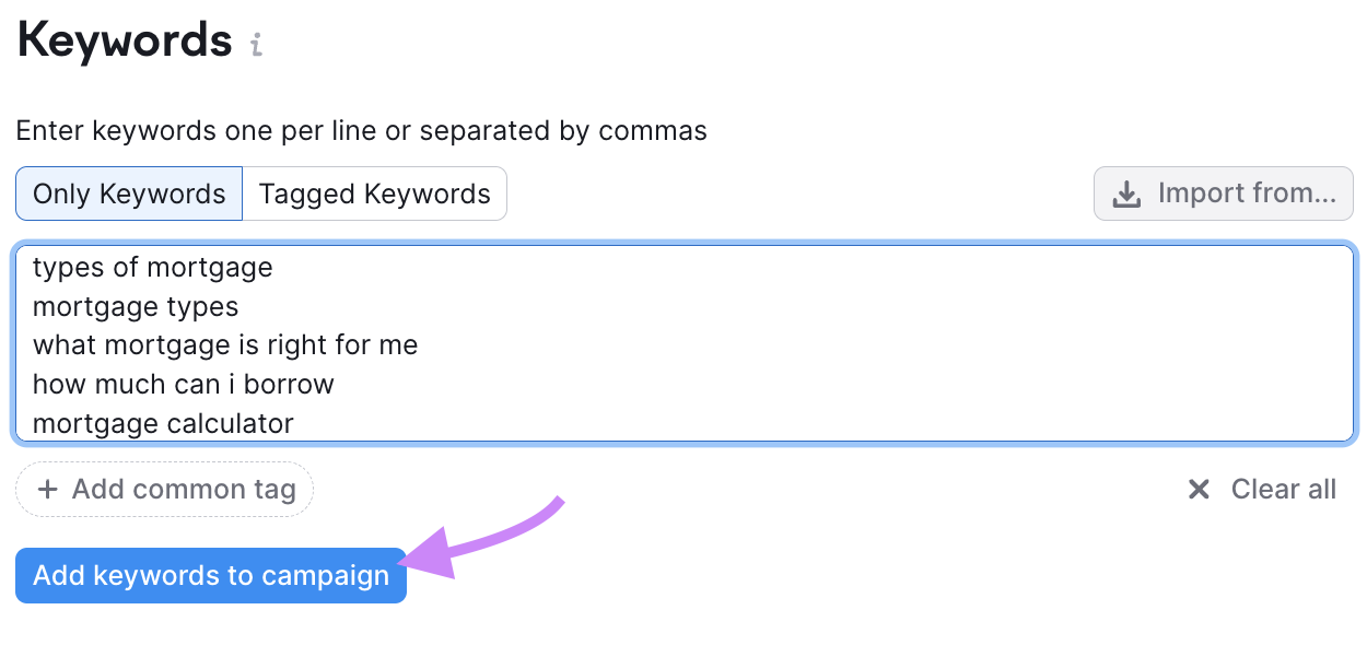 "Keywords" section in Position Tracking tool configuration