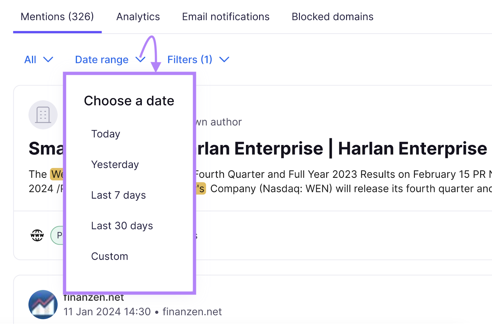 "Date range" drop-down menu in Brand Monitoring app