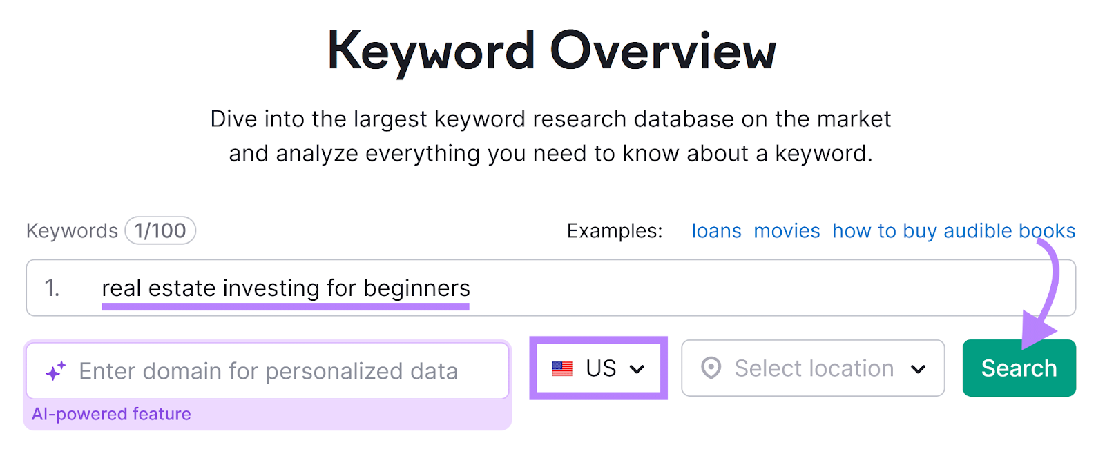 Semrush Keyword Overview tool start with keyword entered, location set to US, and arrow pointing to Search button