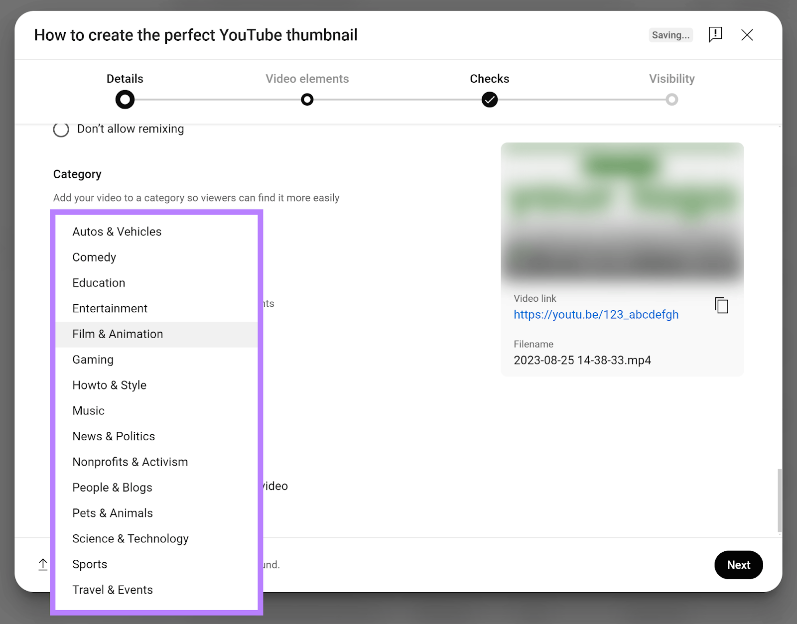 YouTube video upload popup with Category options dropdown expanded and highlighted