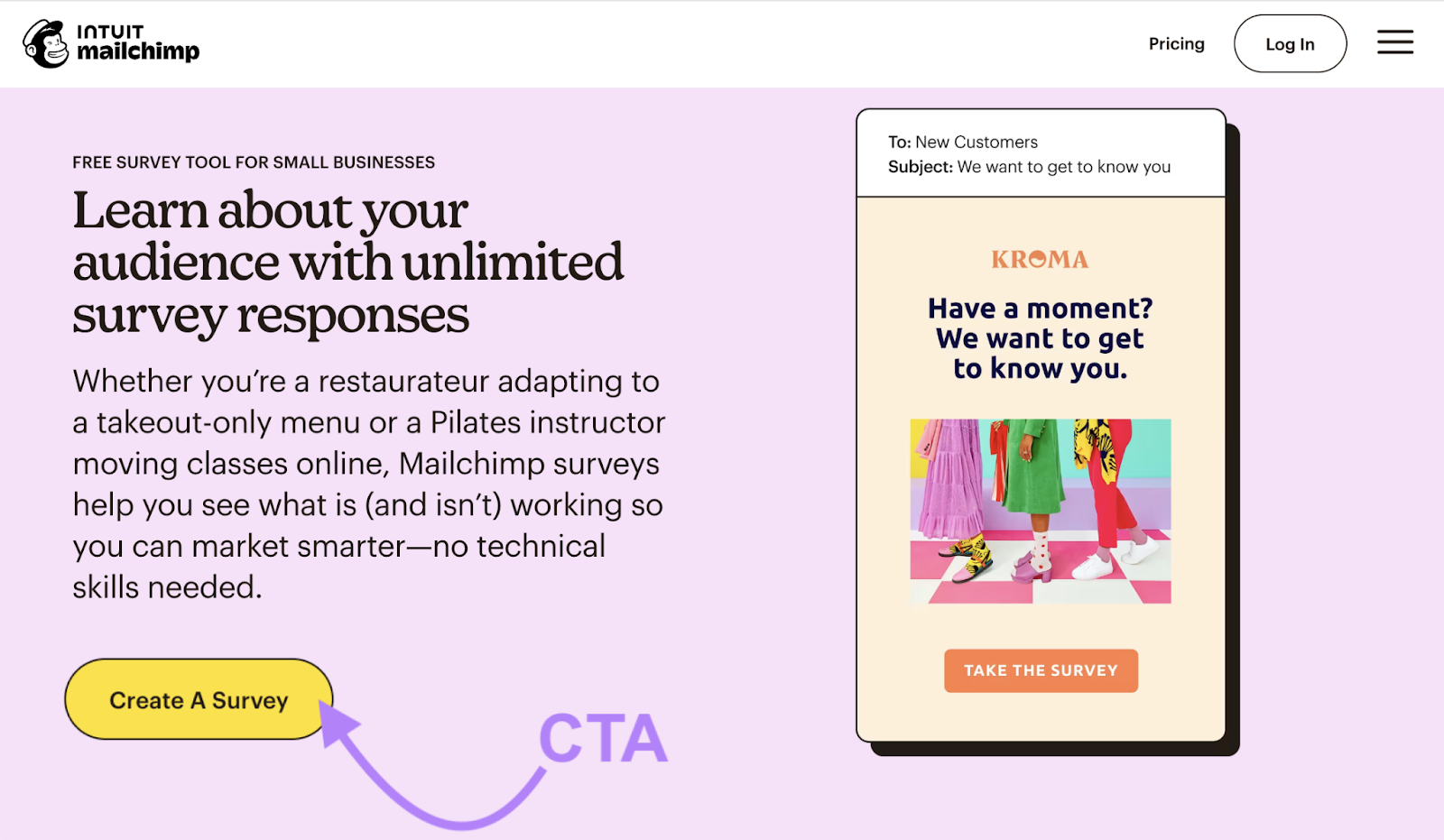 Mailchimp's call to action is a button that says "Create A Survey"