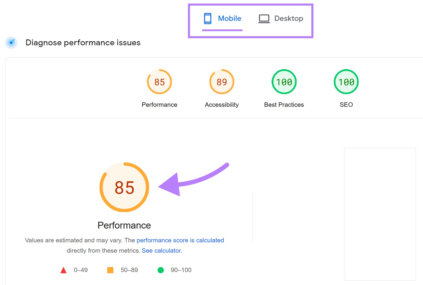 "Mobile" tab in PageSpeed Insights report shows a mobile-friendliness score of 85