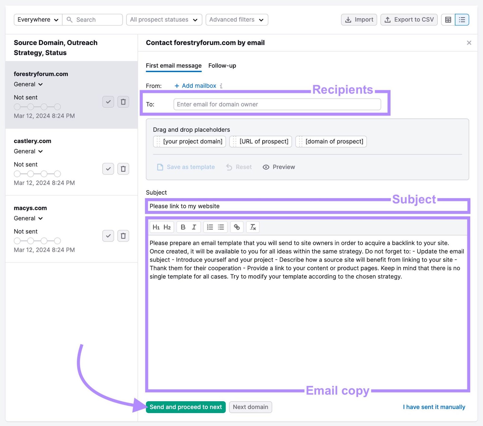 Drafting an outreach email within the Link Building Tool