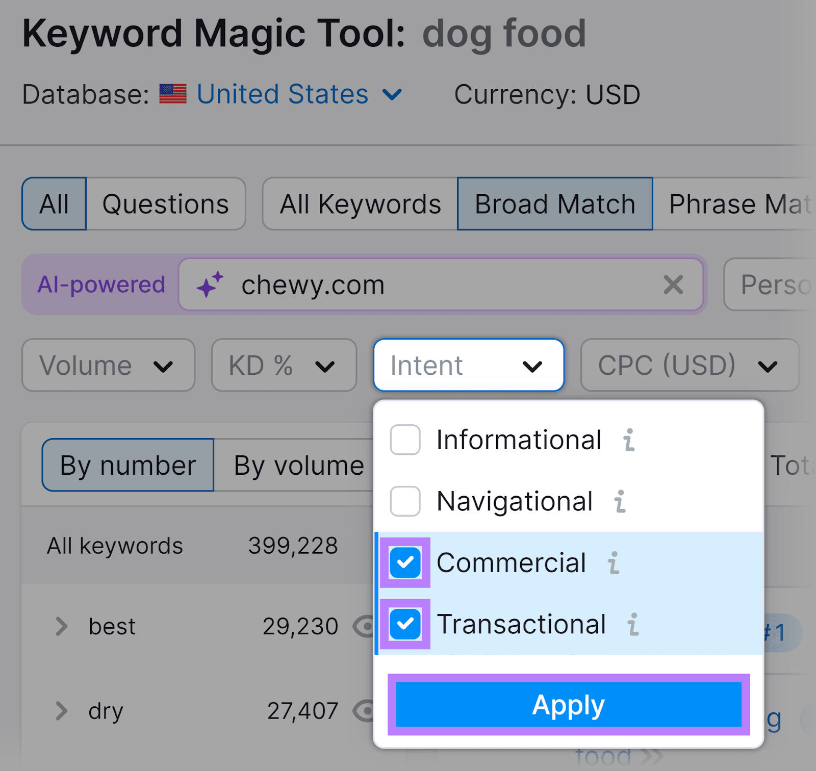 Intent dropdown clicked, Commercial and Transactional options checked, and Apply button highlighted