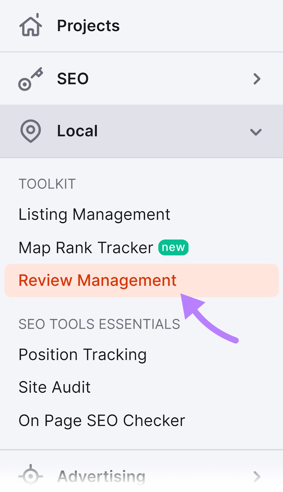 Navigating to “Review Management” in Semrush menu.