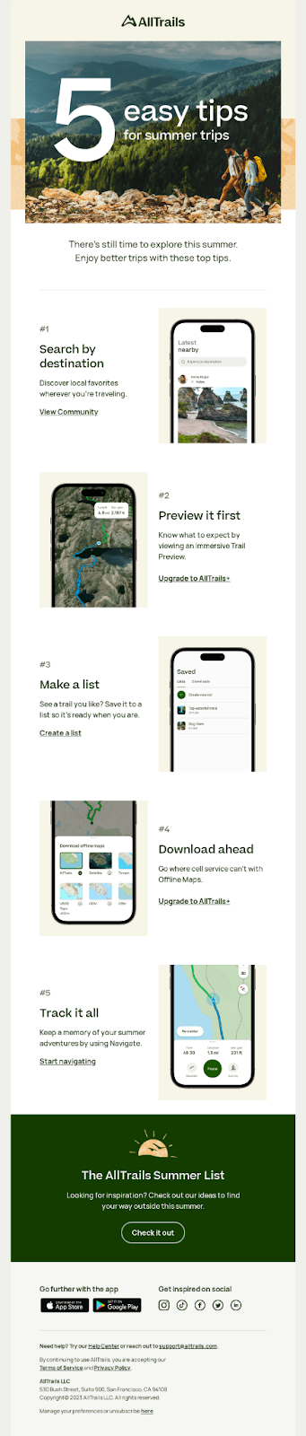 AllTrails's email on "5 easy tips for summer trips"
