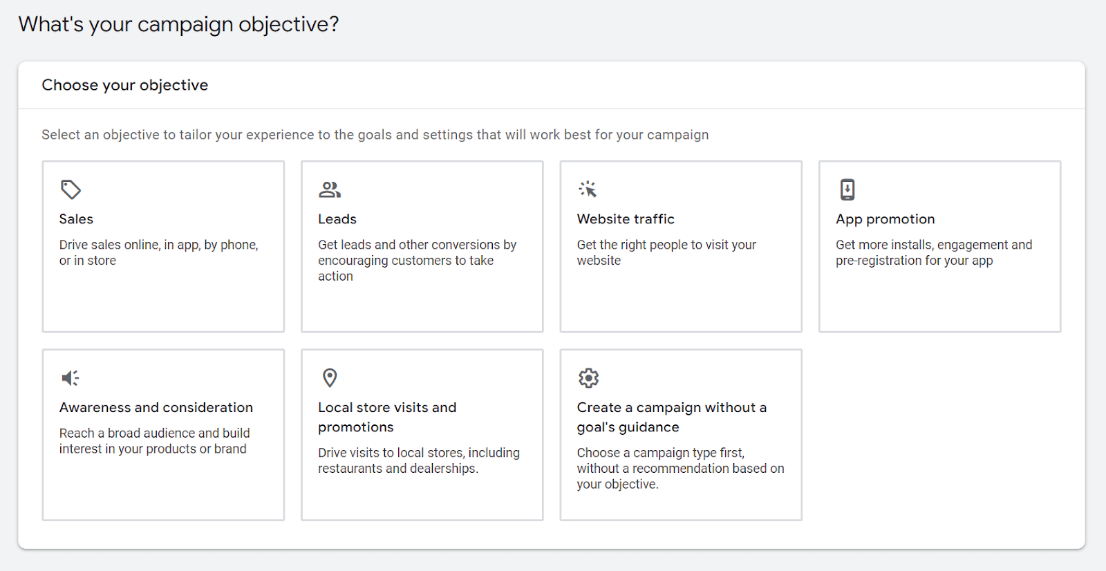 "What's your campaign objective" section in Google Ads campaign page
